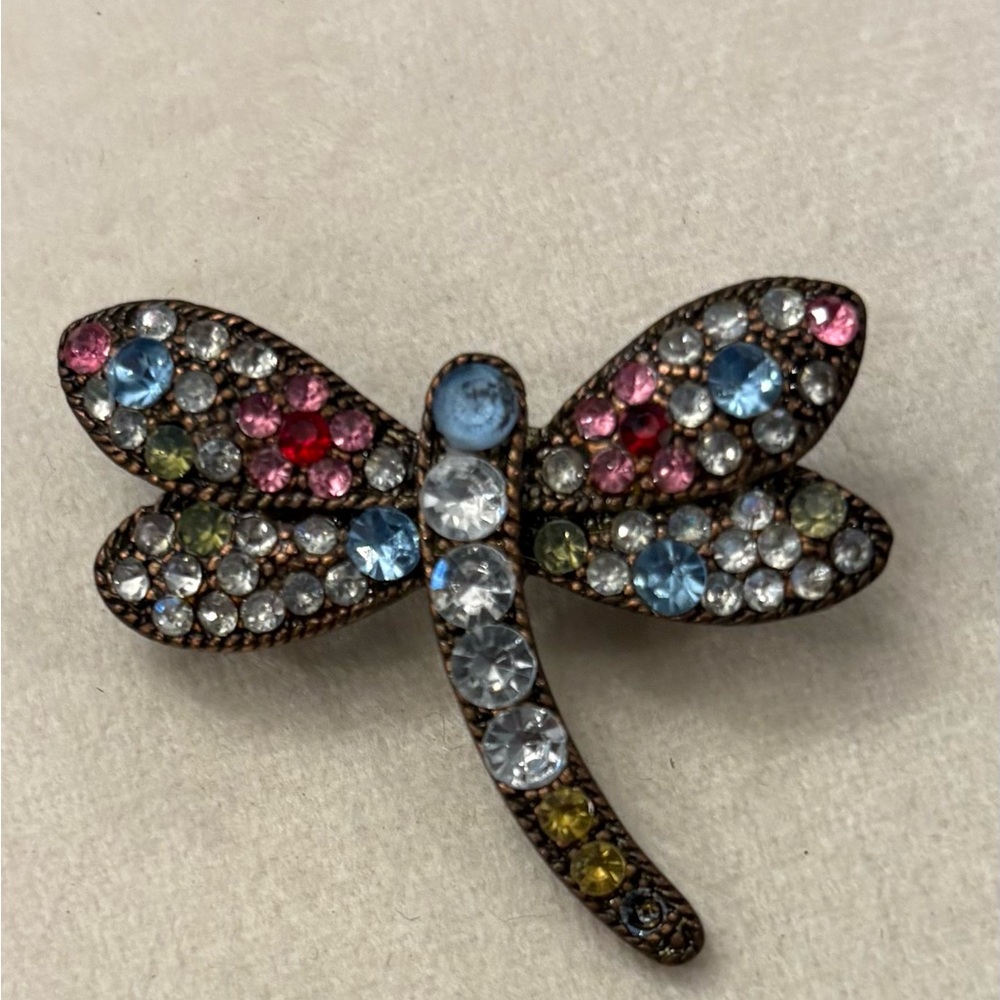 Dragonfly Bug Brooch Pin Pave Colorful Crystal Rhinestones Vintage Brass Tone‎